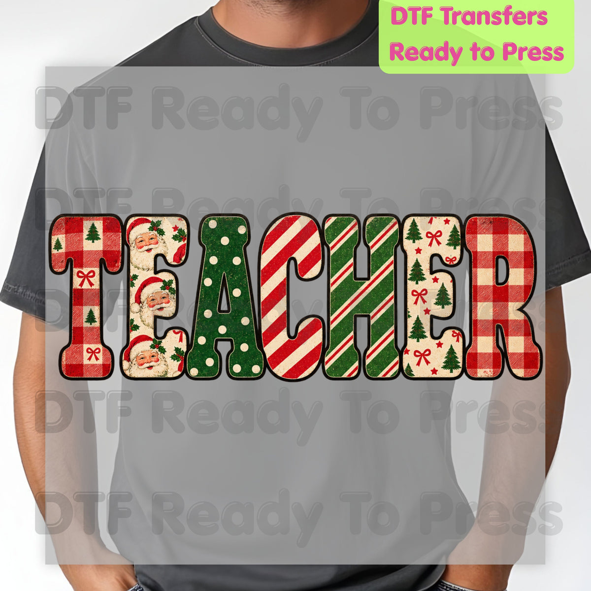 Christmas Teacher Santa Vintage DTF Transfers, School Plaid Stripes Holiday Ready to Press