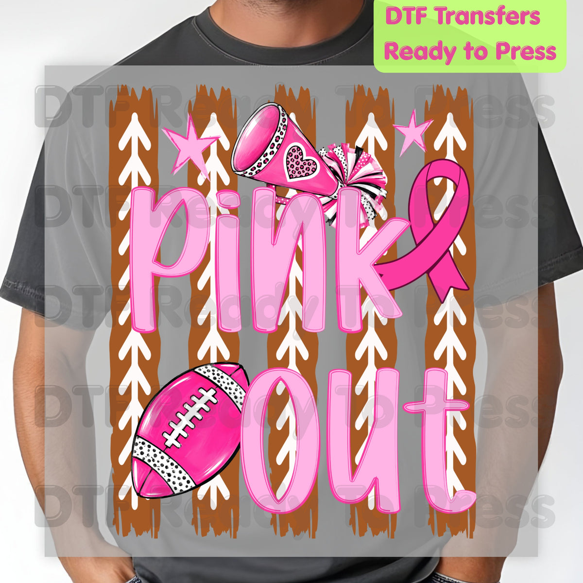 Pink Out DTF Transfers, Breast Cancer Awareness Cheer Football Megaphone Coquette Bow Ready to Press