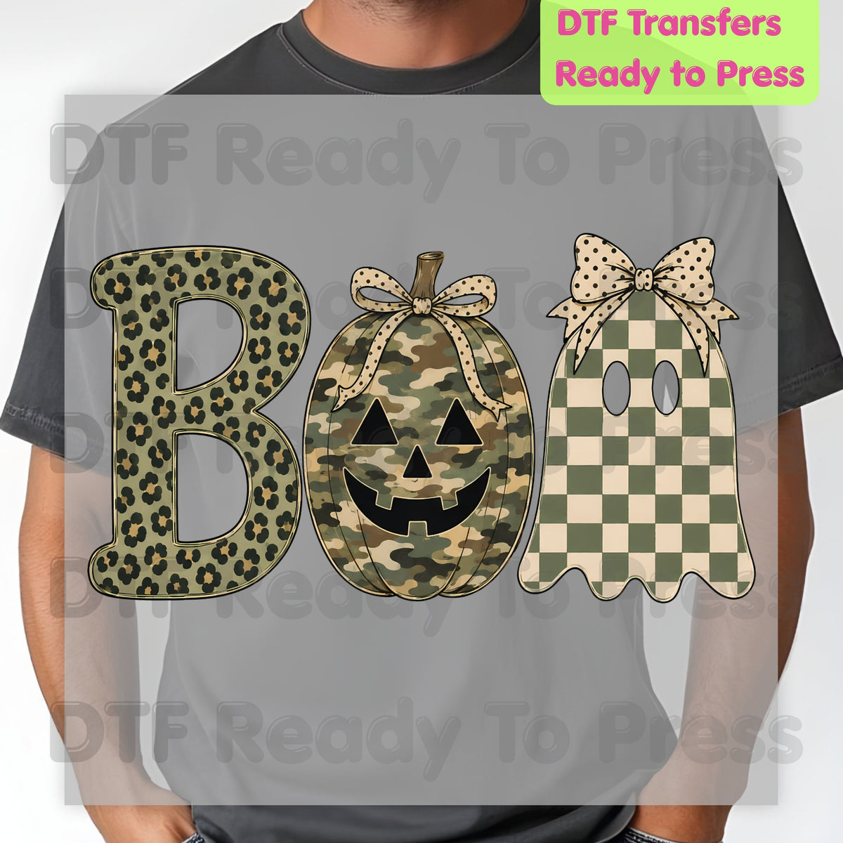 Halloween Camo Pumpkin DTF Transfers, Boo Ghost Leopard Checkered Coquette Bow Spooky Ready to Press