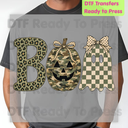 Halloween Camo Pumpkin DTF Transfers, Boo Ghost Leopard Checkered Coquette Bow Spooky Ready to Press
