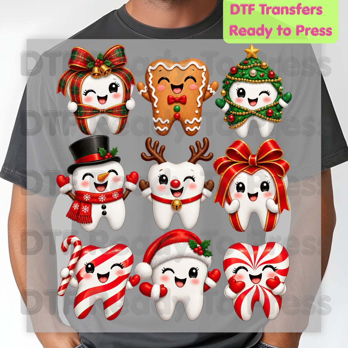 Christmas Dental DTF Transfers, Cute Gingerbread Teeth Dentist Holiday Characters Ready to Press