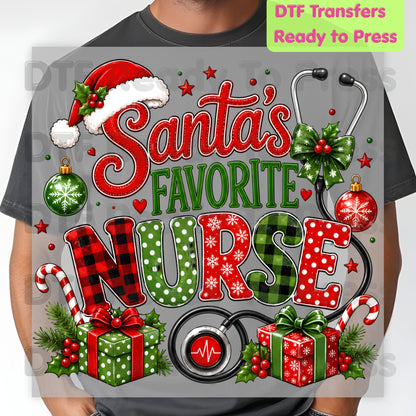 Santa's Favorite Nurse DTF Transfers, Christmas Medical Nursing Stethoscope Holiday Ready to Press