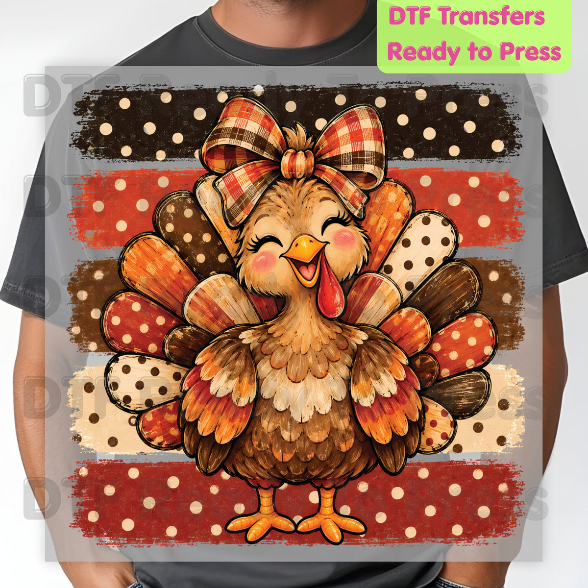 Thanksgiving DTF Transfer, Cute Turkey Bow, Polka Dot Stripes