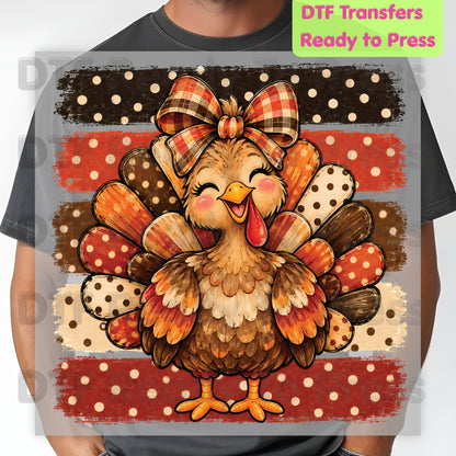 Thanksgiving DTF Transfer, Cute Turkey Bow, Polka Dot Stripes