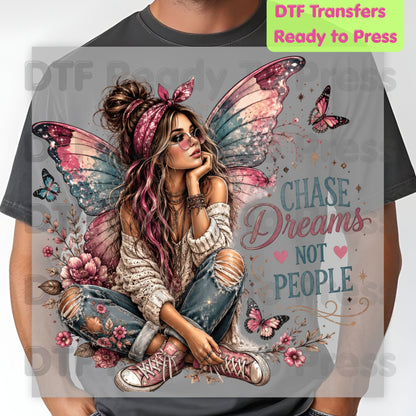 Chase Dreams Not People Fairy DTF Transfers, Boho Fairy Girl Butterfly Wings Inspirational Ready to Press