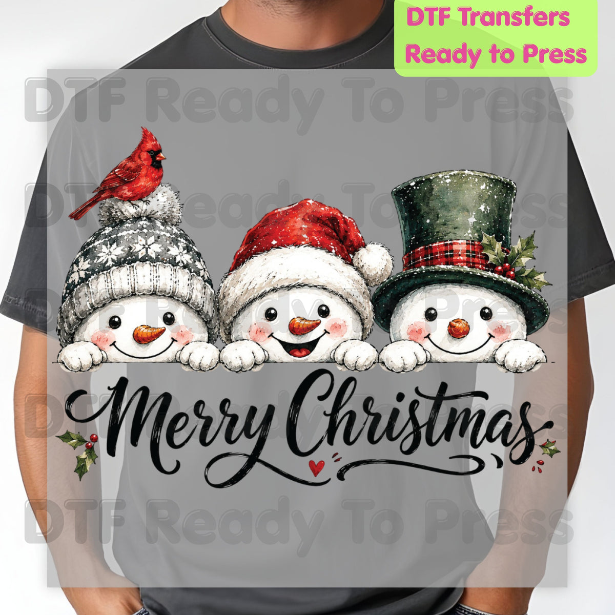 Christmas DTF Transfer, Merry Christmas Snowmen and Red Cardinals