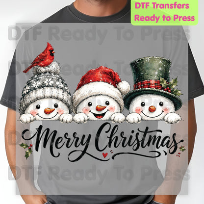 Christmas DTF Transfer, Merry Christmas Snowmen and Red Cardinals