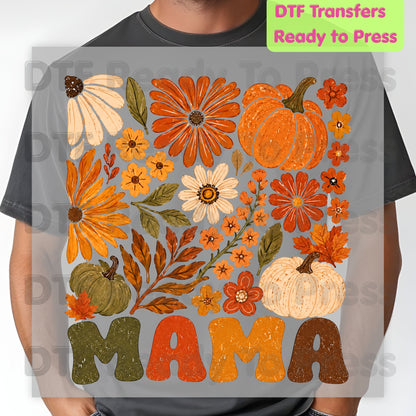 Mama Fall Floral Pumpkins DTF Transfers, Retro Groovy Autumn Flowers Thanksgiving Ready to Press