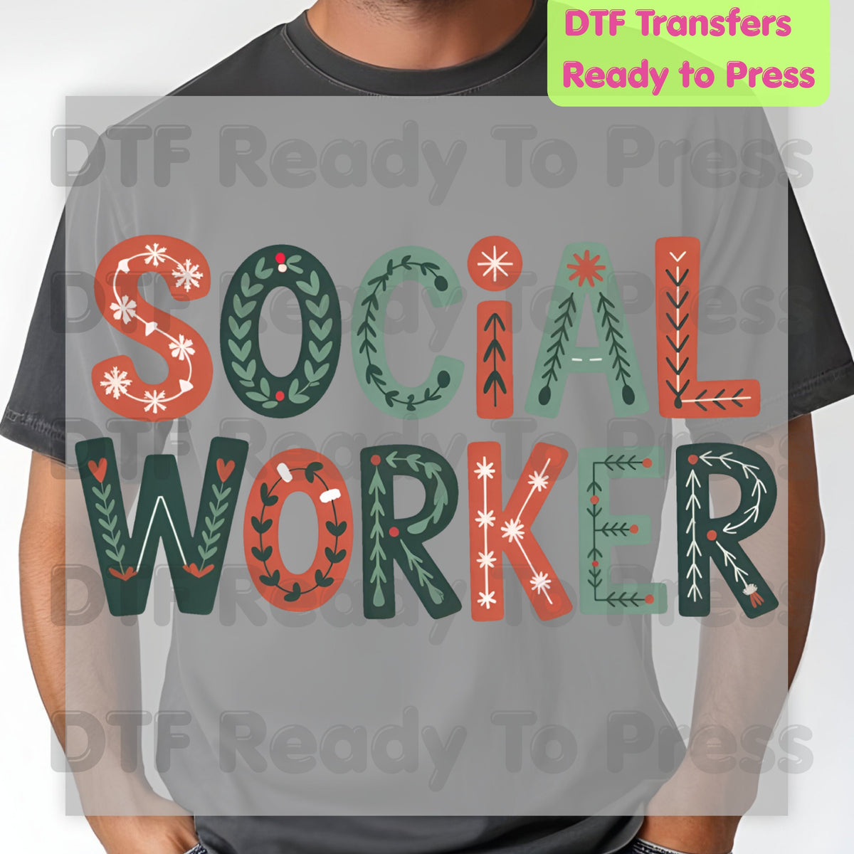 Christmas Social Worker DTF Transfers, Community Snowflake Botanical Holiday Ready to Press