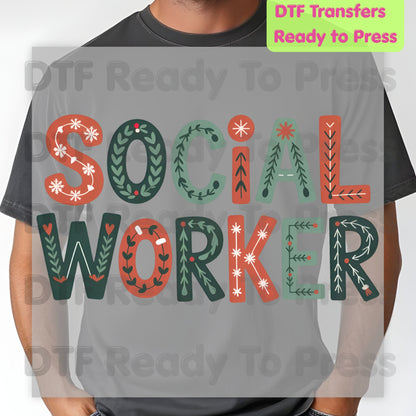 Christmas Social Worker DTF Transfers, Community Snowflake Botanical Holiday Ready to Press