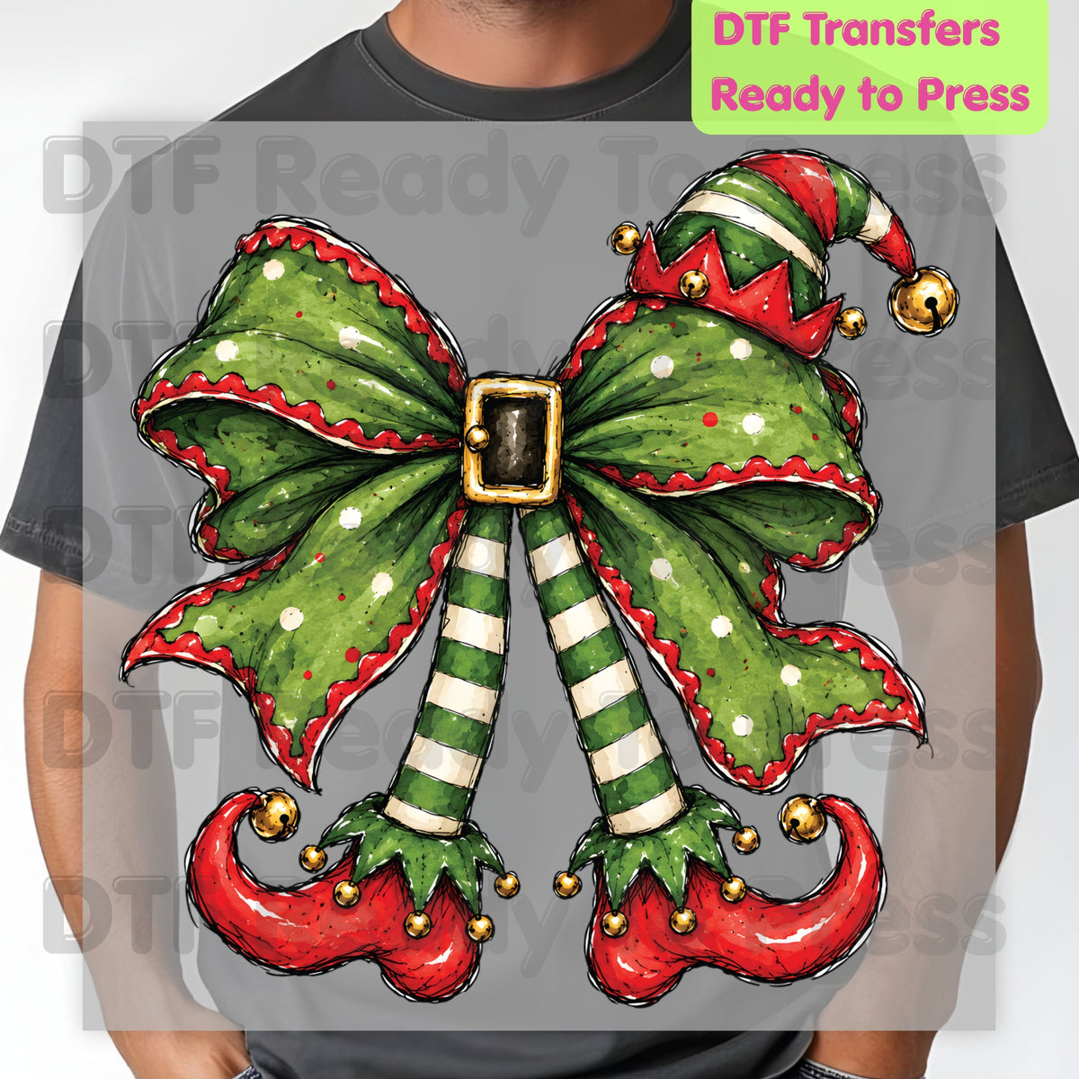 Christmas Elf DTF Transfer, Green Bow, Striped Legs and Hat
