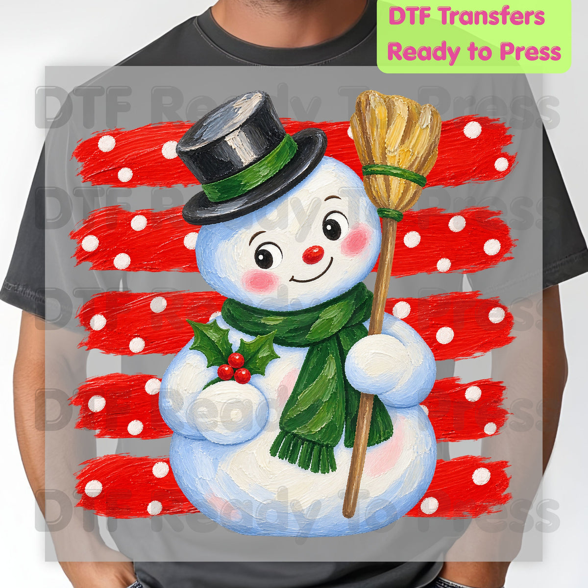Vintage Snowman DTF Transfers, Top Hat Broom Red Polka Dot Christmas Holiday Ready to Press