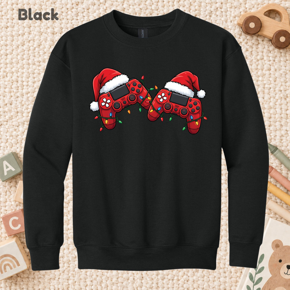 Christmas Gaming T-Shirt, Video Game Controller Santa Hat Holiday Lights Graphic Tee