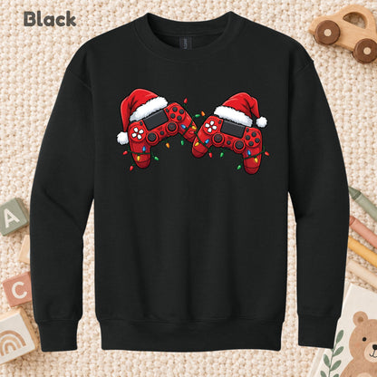 Christmas Gaming T-Shirt, Video Game Controller Santa Hat Holiday Lights Graphic Tee