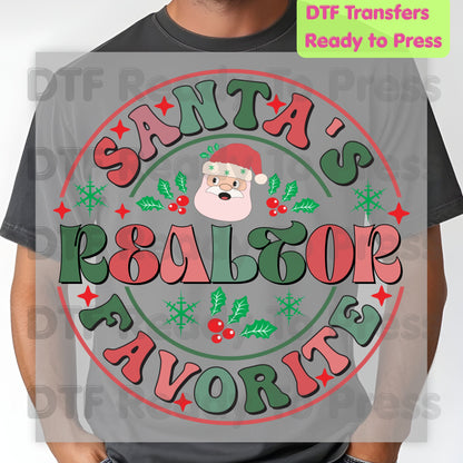 Santa's Favorite Realtor DTF Transfers, Christmas Real Estate Retro Circle Graphic Ready to Press