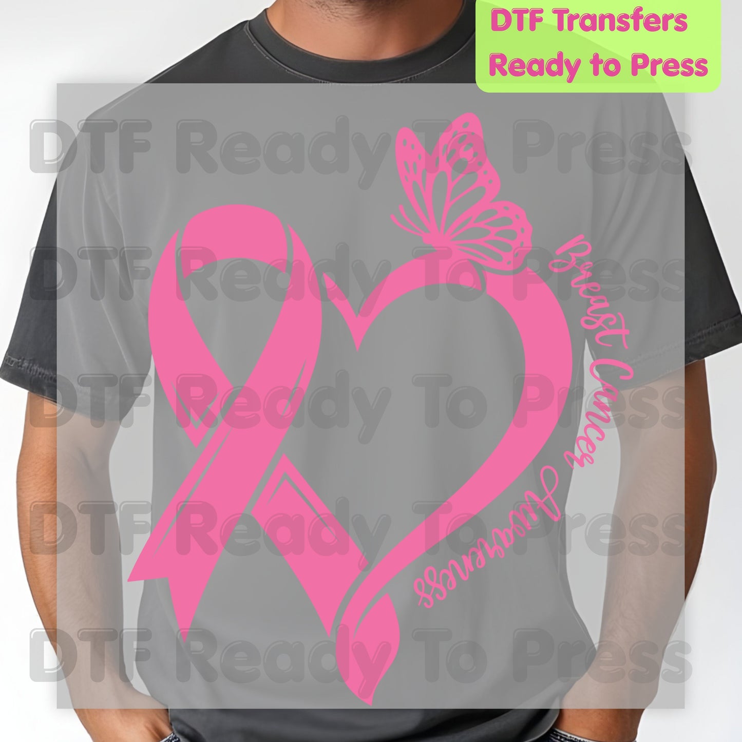 Breast Cancer Awareness Pink Heart Ribbon Butterfly DTF Transfer Ready to Press Heat Transfer Survivor Tee