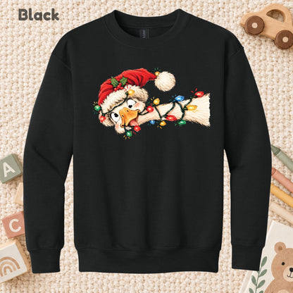 Funny Christmas Goose T-Shirt, Tangled Holiday Lights and Santa Hat Graphic Tee