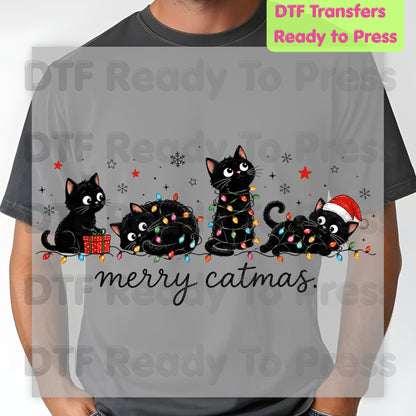 Merry Catmas Black Cats DTF Transfers, Christmas Lights Black Kittens Holiday Cat Lover Ready to Press