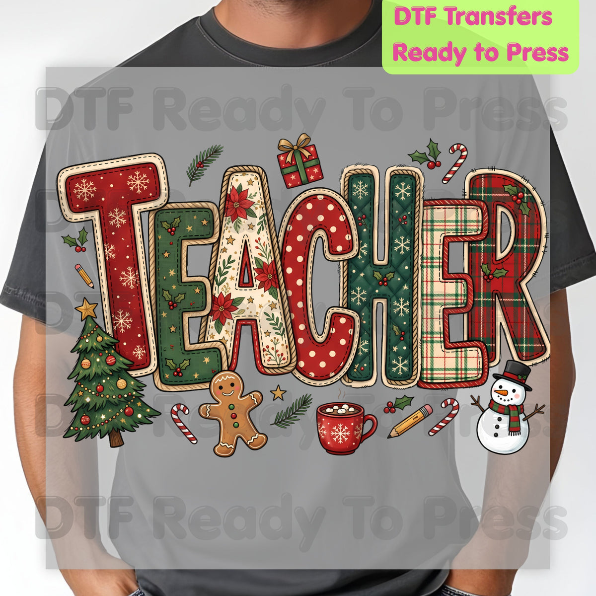 Christmas Teacher Patchwork DTF Transfers, School Snowman Plaid Holiday Ready to Press