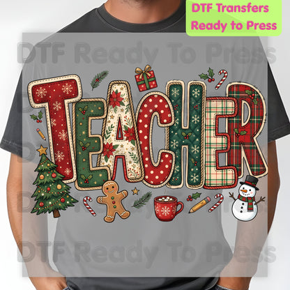 Christmas Teacher Patchwork DTF Transfers, School Snowman Plaid Holiday Ready to Press