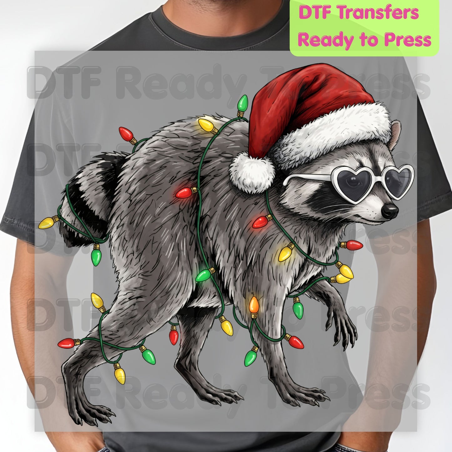 Christmas Raccoon DTF Transfers, Santa Hat Trash Panda Holiday Lights Ready to Press