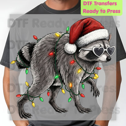 Christmas Raccoon DTF Transfers, Santa Hat Trash Panda Holiday Lights Ready to Press
