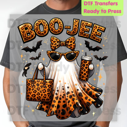 Halloween DTF Transfer Ready to Press Leopard Print Boojee Ghost with Purse Tumbler Glasses Heat Transfer Shirts Trendy Spooky Vibes Tees