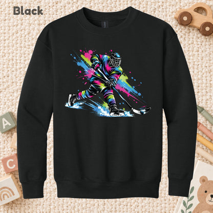 Hockey T-Shirt, Colorful Ice Hockey Player with Paint Splatter Graphic Tee, Ice Hockey Sports Shirt