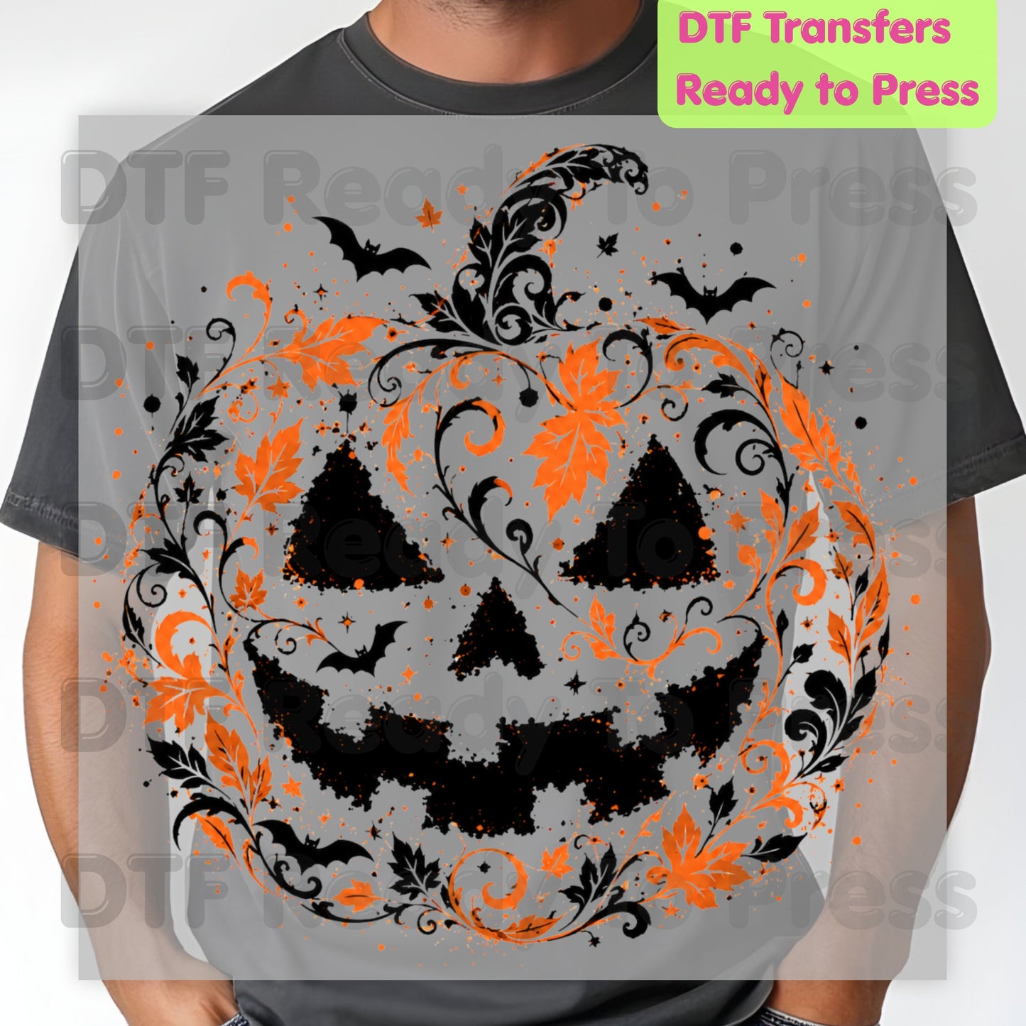Halloween Pumpkin Face DTF Transfers, Intricate Floral Swirl Gothic Spooky Ready to Press