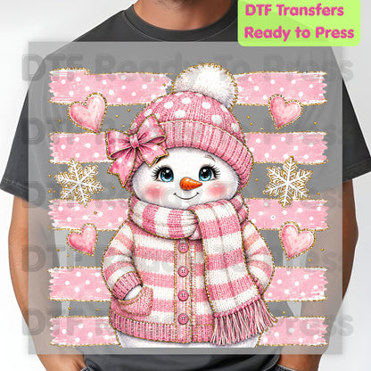 Cute Pink Snowgirl DTF Transfers, Winter Snowman Beanie Bow Pink Stripes Hearts Ready to Press