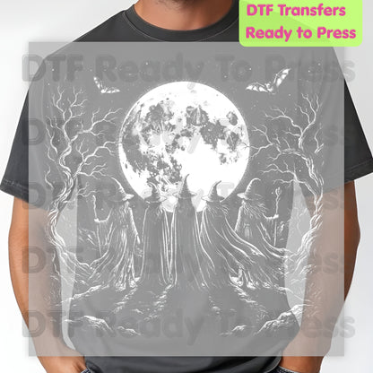 Witches Coven Full Moon DTF Transfers, Dark Forest Bats Gothic Halloween Ready to Press