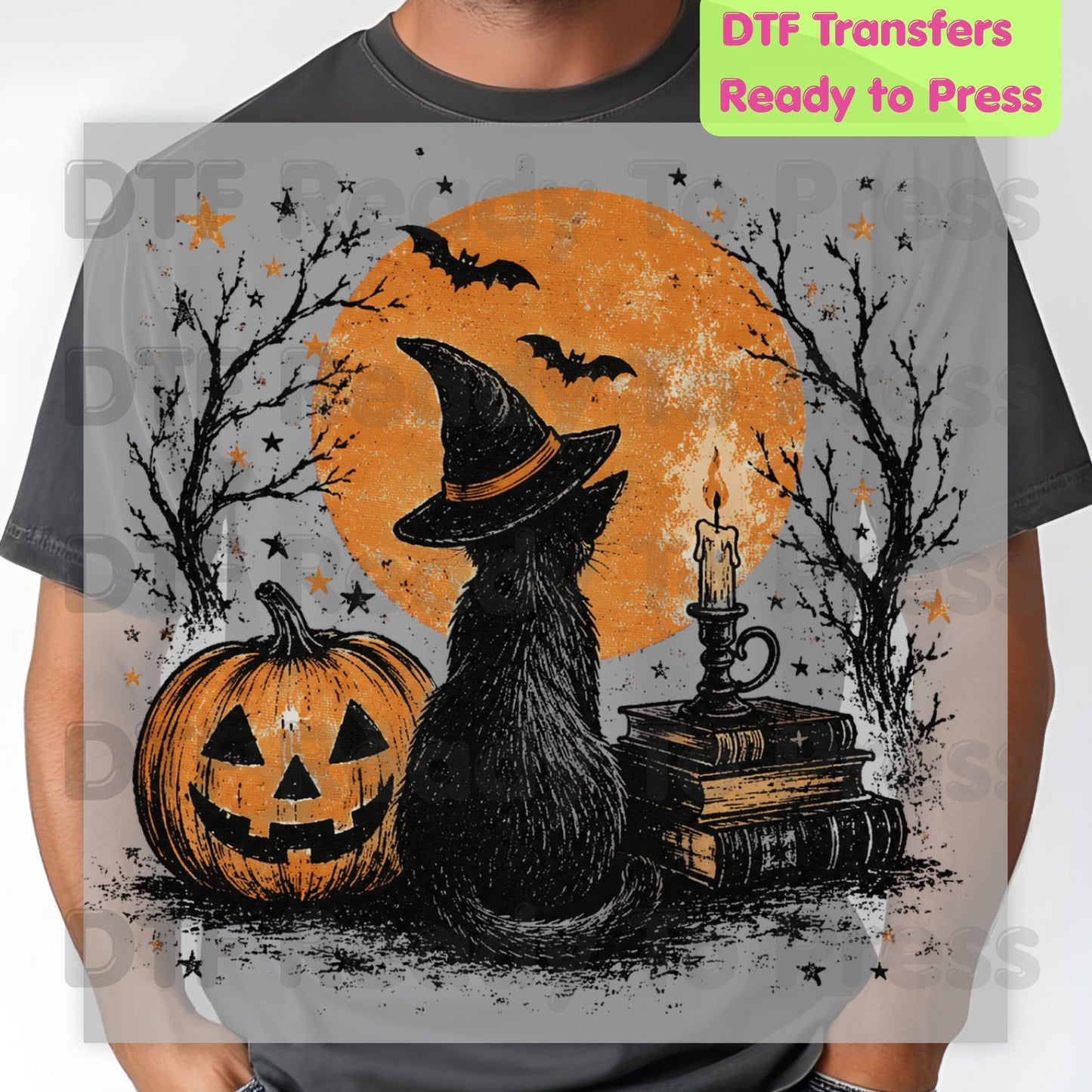 Halloween Black Cat DTF Transfers, Witch Hat Full Moon Pumpkin Spooky Vintage Books Magic Ready to Press