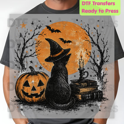 Halloween Black Cat DTF Transfers, Witch Hat Full Moon Pumpkin Spooky Vintage Books Magic Ready to Press