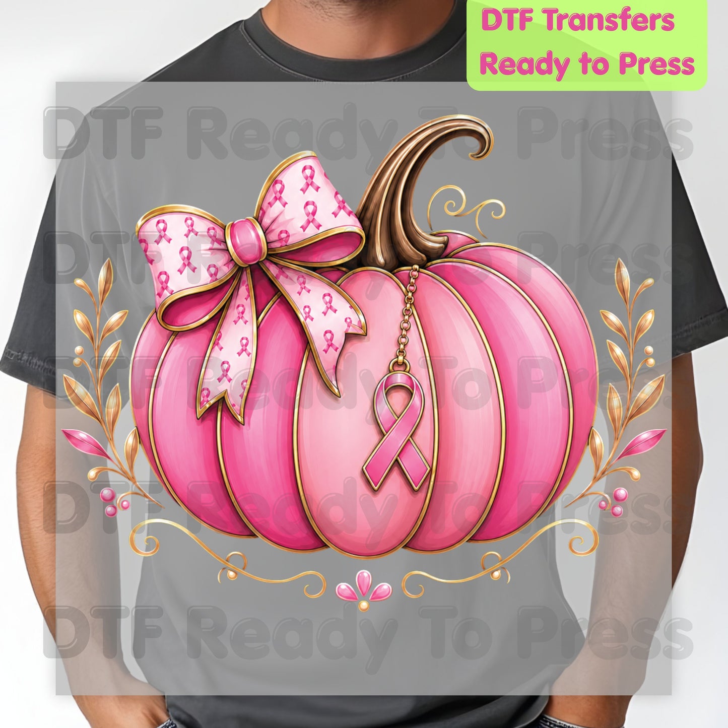 Breast Cancer DTF Transfer Ready to Press Pink Pumpkin Ribbon Bow Awareness Heat Transfer Tee Print Direct to Film Transfer