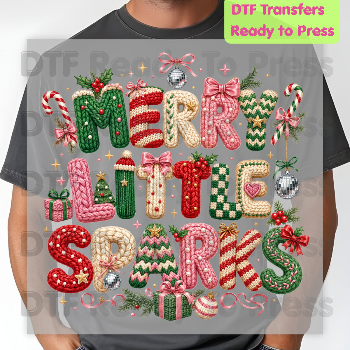 Merry Little Sparks DTF Transfers, Christmas Cable Knit Bow Disco Holiday Ready to Press