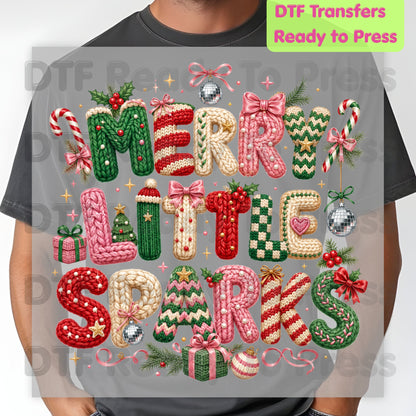Merry Little Sparks DTF Transfers, Christmas Cable Knit Bow Disco Holiday Ready to Press