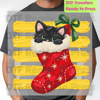Christmas Black Cat DTF Transfers, Stocking Cute Kitten Holiday Ready to Press