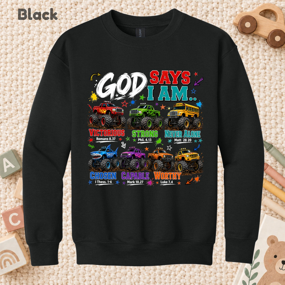 God Says I Am Monster Trucks Christian T-Shirt, Bible Verse Kids Religious Graphic Tee