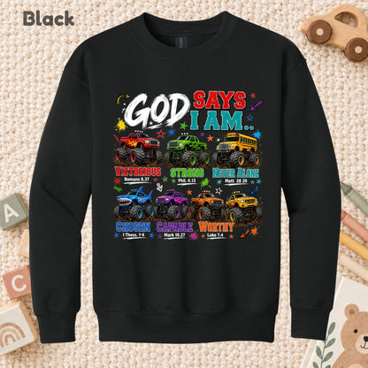 God Says I Am Monster Trucks Christian T-Shirt, Bible Verse Kids Religious Graphic Tee