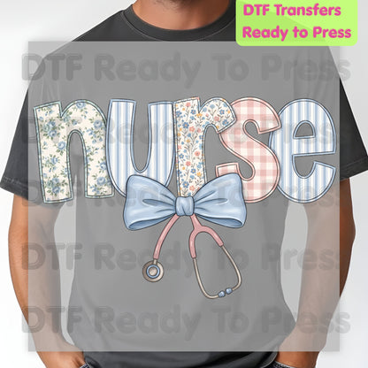 Nurse DTF Transfers, Coquette Floral Nurse Bow Stethoscope Vintage Patchwork