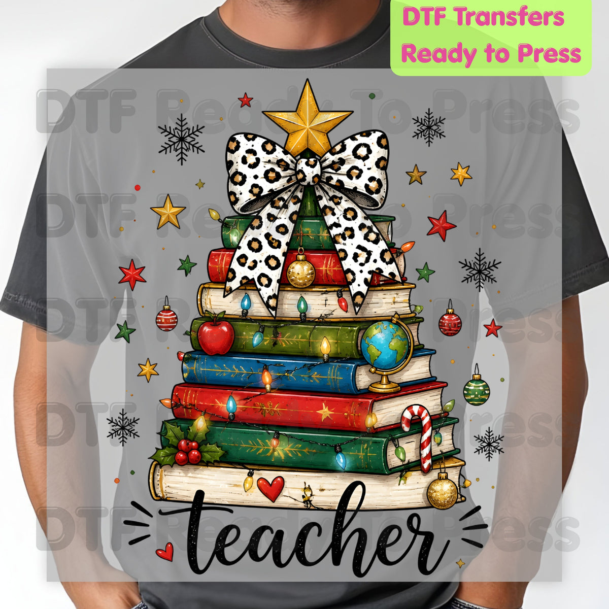 Christmas Teacher DTF Transfers, Book Tree Leopard Bow School Lights Holiday Ready to Press