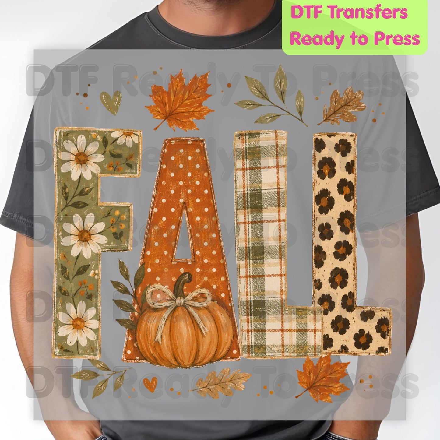 Fall DTF Transfer Ready to Press Autumn Floral Plaid Leopard Letters Heat Transfer for Shirts Pumpkin and Leaves Aesthetic Tees
