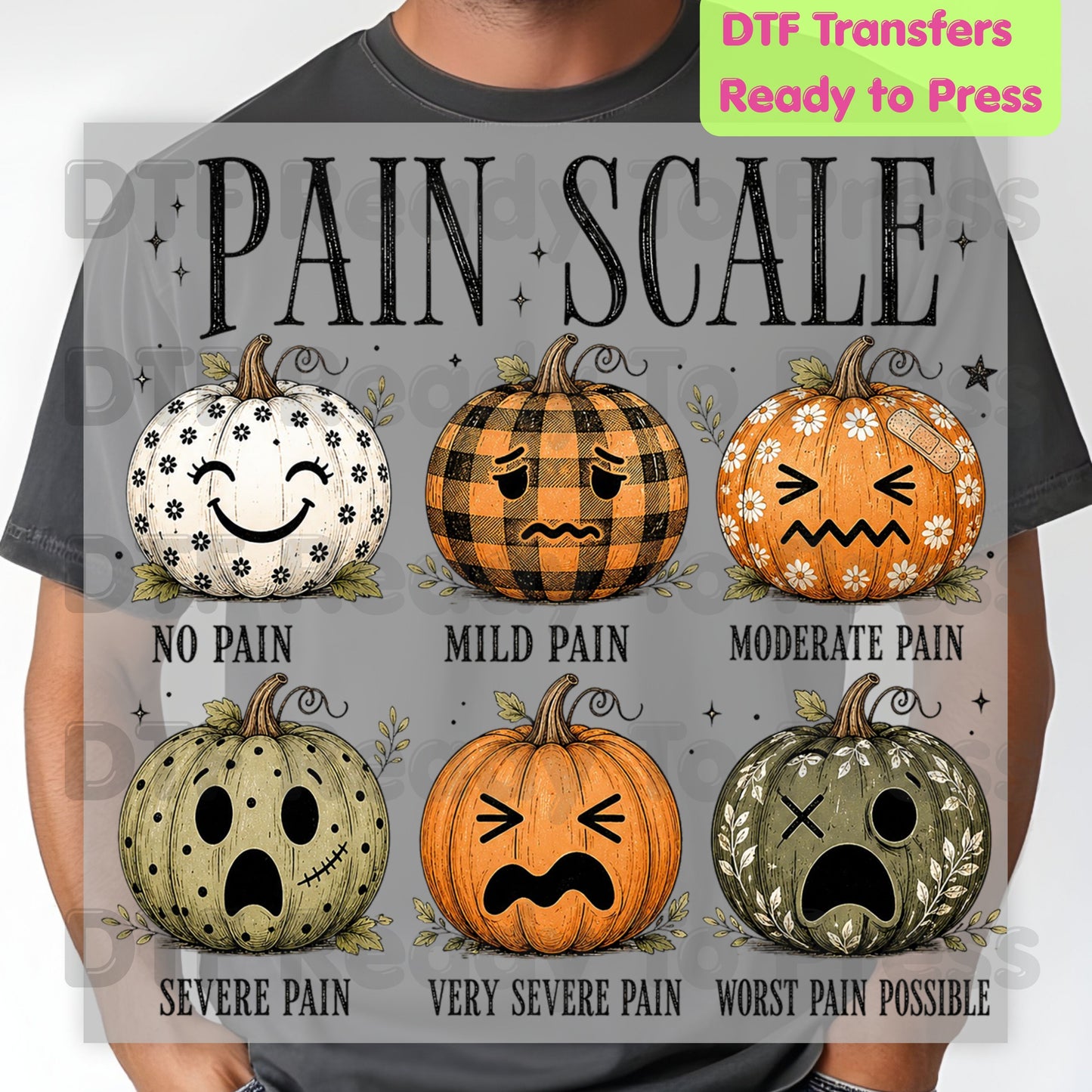 Funny Fall DTF Transfers, Pumpkin Pain Scale Nurse Halloween Medical Ready to Press