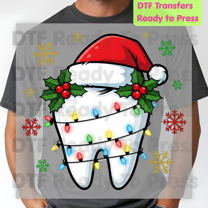 Christmas Tooth Santa Hat DTF Transfers, Dental Holiday Lights Snowflake Festive Ready to Press