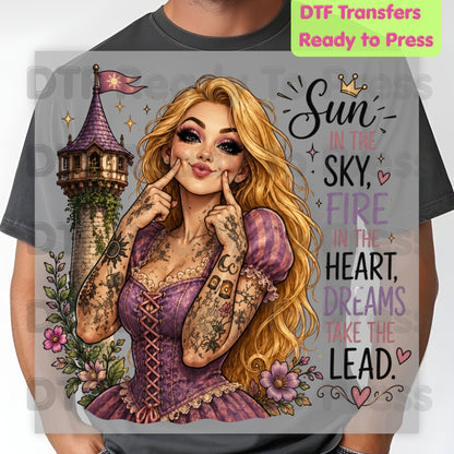 Sun in the Sky Dreams DTF Transfers, Tattooed Princess Tower Inspirational Quote Ready to Press