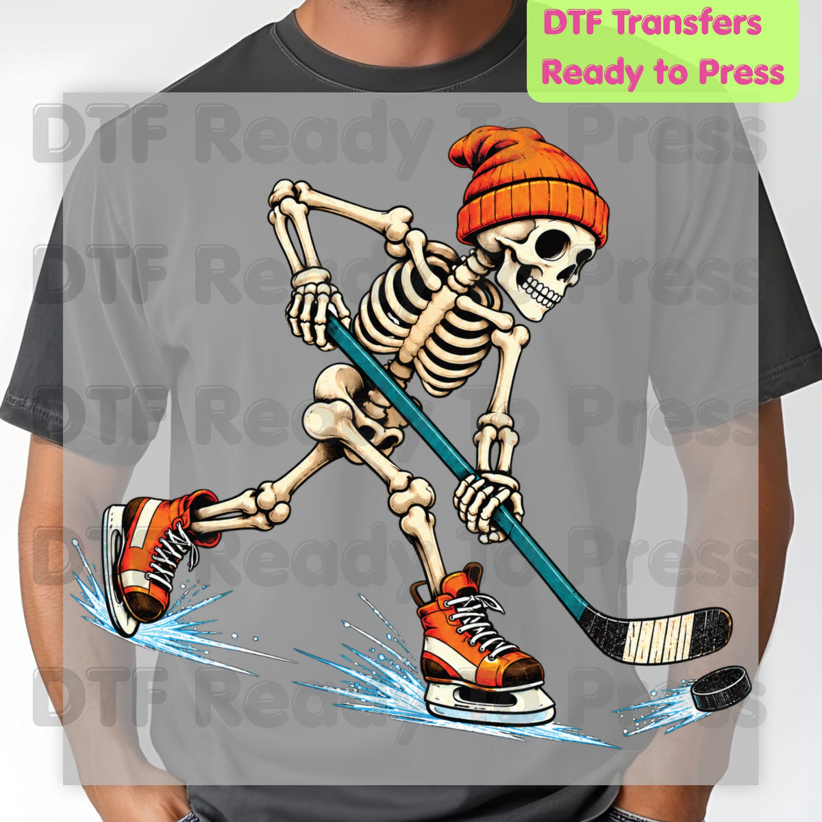 Hockey DTF Transfer, Skeleton in Beanie with Skates, Stick and Puck Graphic