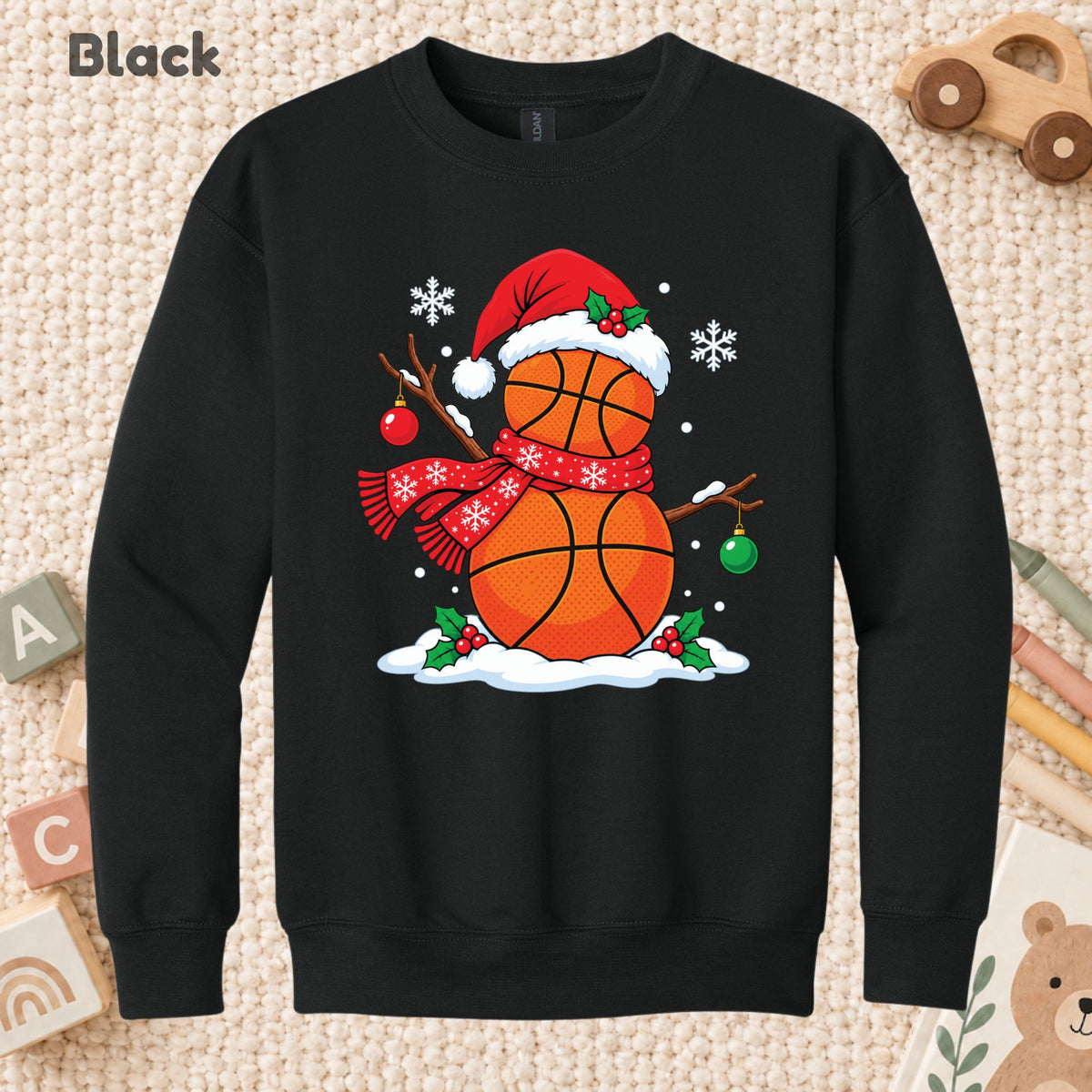 Christmas Basketball Snowman T-Shirt, Santa Hat and Scarf Holiday Sports Graphic Tee