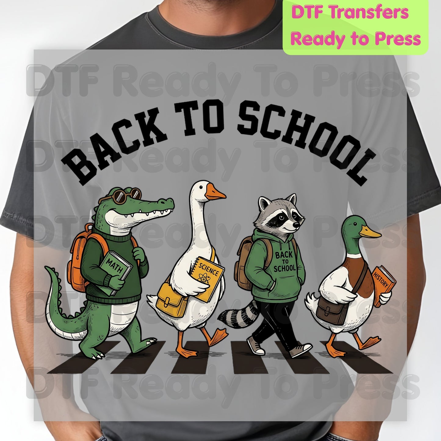 Back to School Abbey Road Animals DTF Transfers, Alligator Goose Raccoon Duck Ready to Press