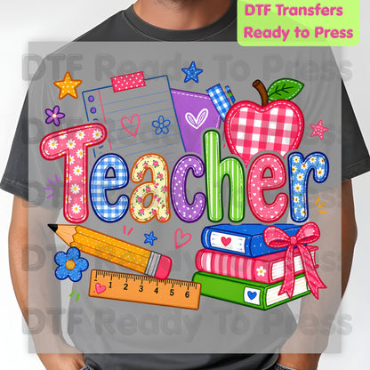 Teacher Apple Books Pencil DTF Transfers, Colorful School Supplies Back to School Ready to Press