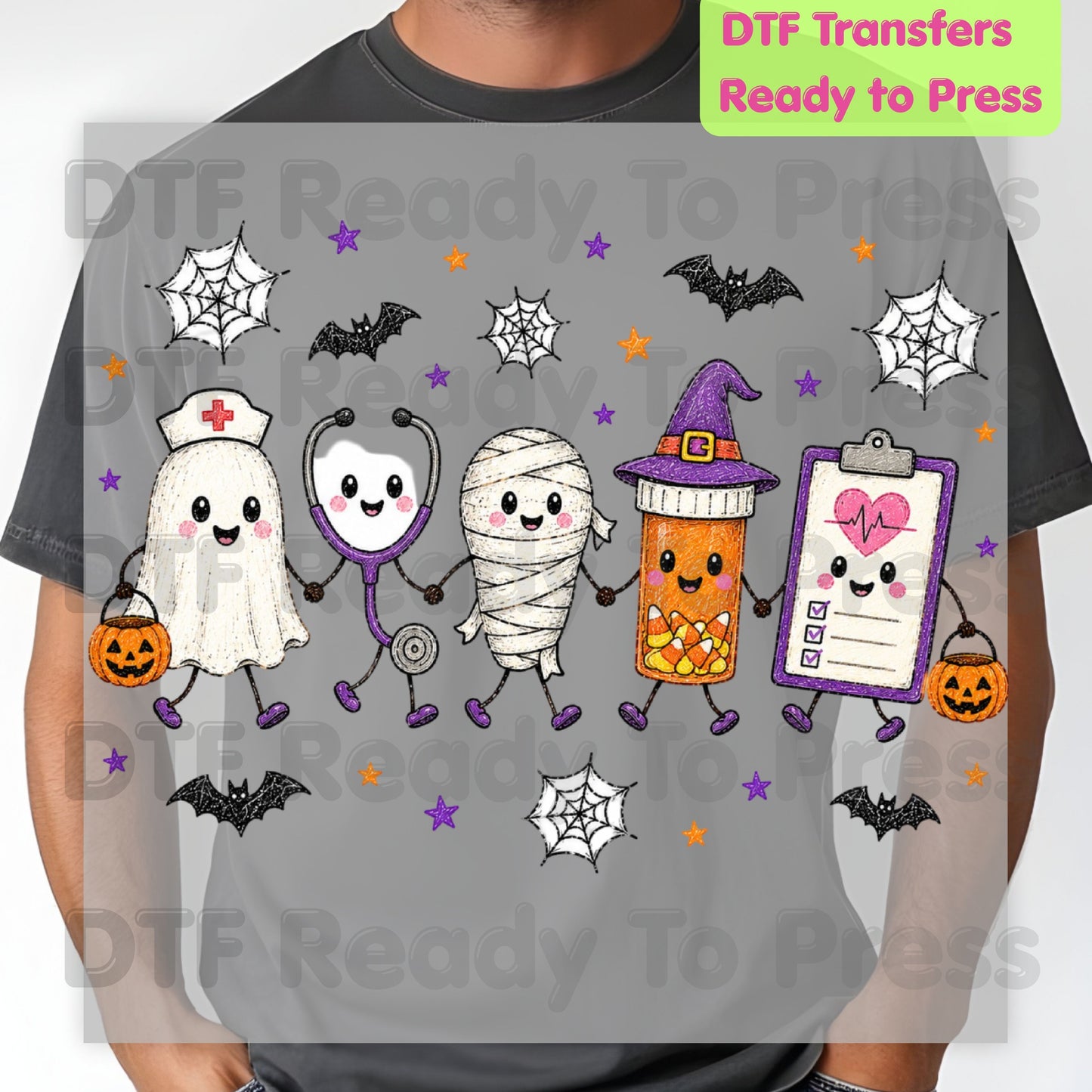 Spooky Nurse Squad DTF Transfers, Halloween Medical Characters Ghost Stethoscope Pill Bottle Ready to Press